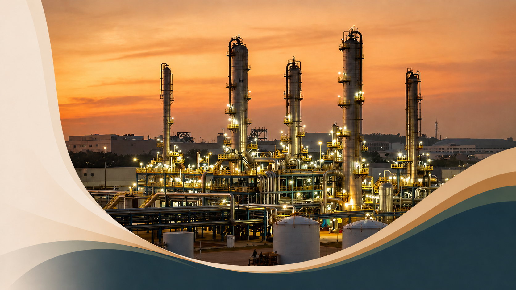 RASEEN refinery at sunset with brand wave design